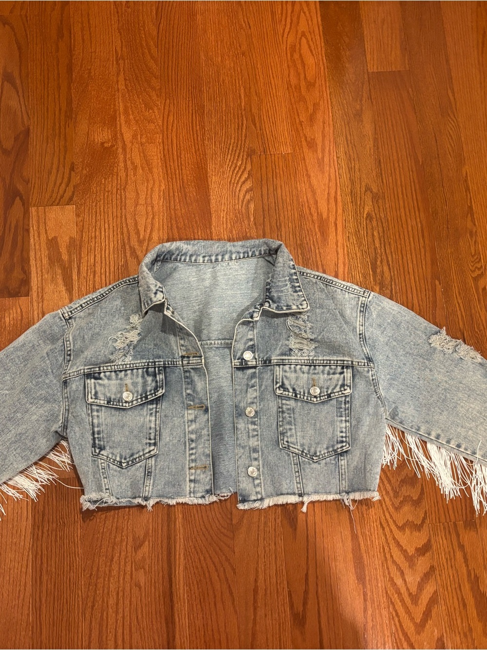 Nashville Cropped Distressed Light Wash Denim Jacket with Fringe